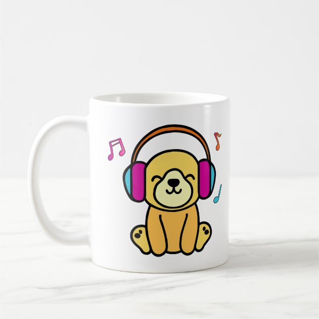 Happy smiling baby dog puppy with headphones.  coffee mug (Left)