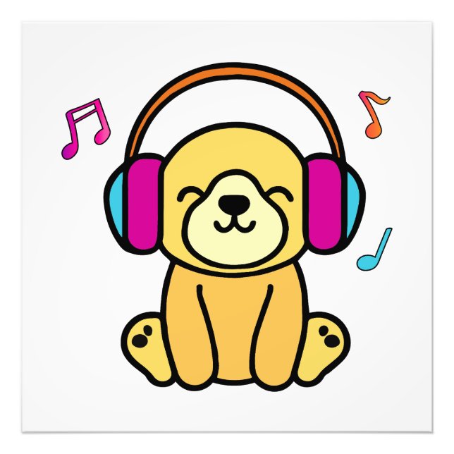 Happy smiling baby dog puppy with headphones.  photo print (Front)