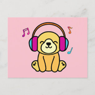 Happy smiling baby dog puppy with headphones.  postcard