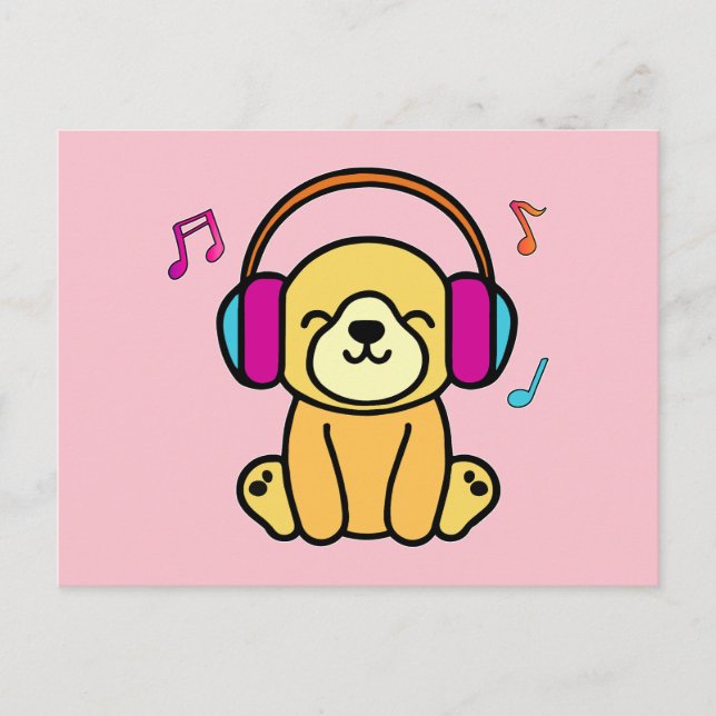 Happy smiling baby dog puppy with headphones.  postcard (Front)