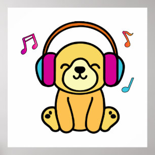 Happy smiling baby dog puppy with headphones. poster
