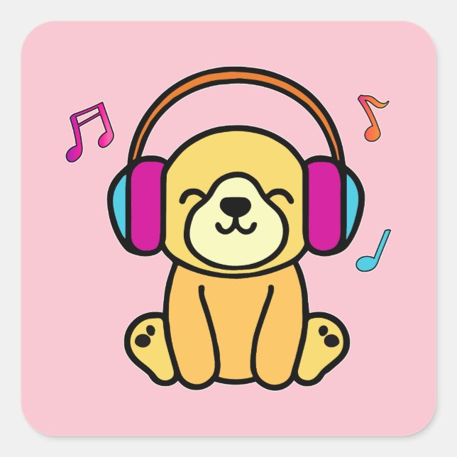 Happy smiling baby dog puppy with headphones.  square sticker (Front)