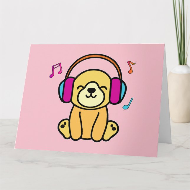 Happy smiling baby dog puppy with headphones.  thank you card (Front)