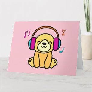 Happy smiling baby dog puppy with headphones.  thank you card