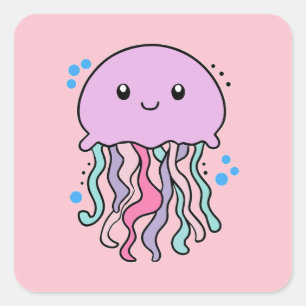 Happy smiling baby jellyfish with bubbles.  square sticker
