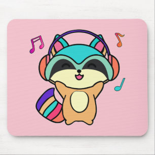 Happy smiling baby raccoon with headphones.  mouse mat