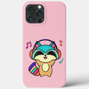 Happy smiling baby racoon with headphones.  iPhone 13 pro max case