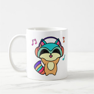 Happy smiling baby racoon with headphones.  coffee mug