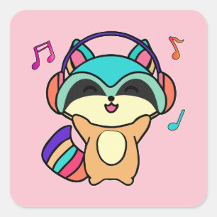 Happy smiling baby racoon with headphones.  square sticker