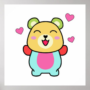 Happy smiling baby teddy bear with love hearts. poster