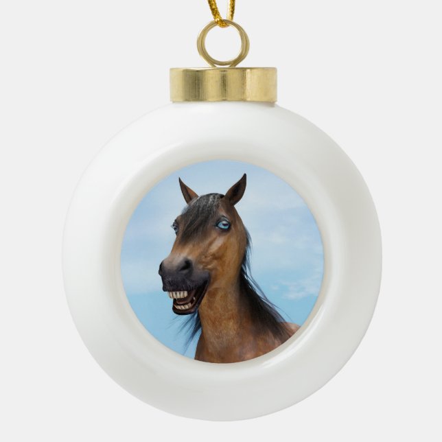 Happy Smiling Bay Horse Ceramic Ball Christmas Ornament (Front)