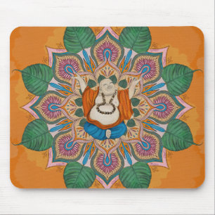 Happy Smiling Buddha Bodhi Leaf Mandala Mouse Mat