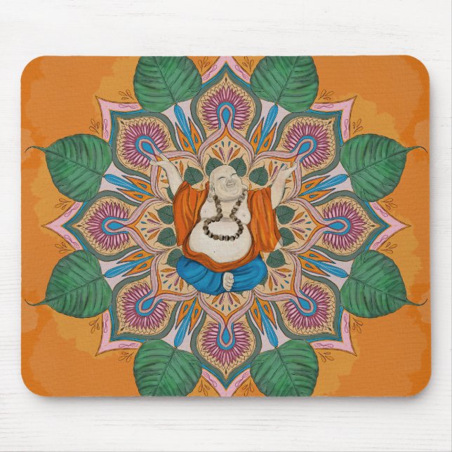 Happy Smiling Buddha Bodhi Leaf Mandala Mouse Mat (Front)