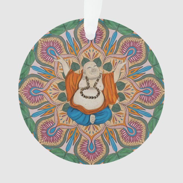 Happy Smiling Buddha Bodhi Leaf Mandala Ornament (Front)