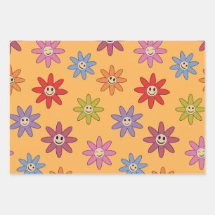 Happy Smiling colourful flowers on orange  Wrapping Paper Sheet