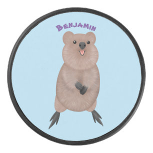 Happy smiling cute quokka cartoon design hockey puck