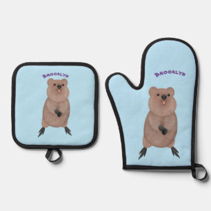 Happy smiling cute quokka cartoon design oven mitt & pot holder set