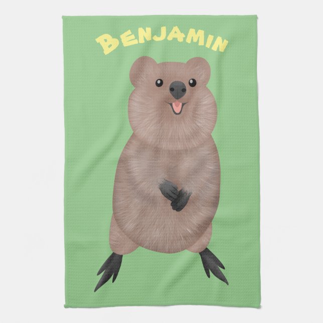 Happy smiling cute quokka cartoon design tea towel (Vertical)