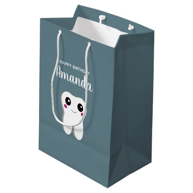 Happy Smiling Dental Tooth Cute Birthday Medium Gift Bag (Back Angled)