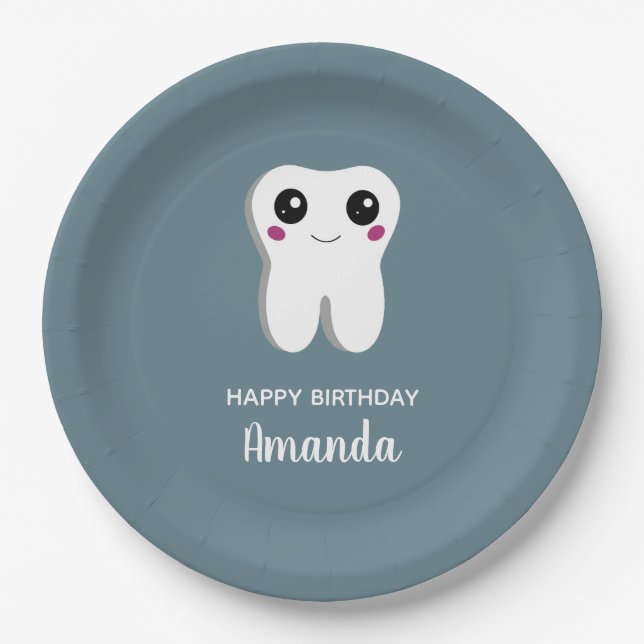Happy Smiling Dental Tooth Cute Birthday Paper Plate (Front)