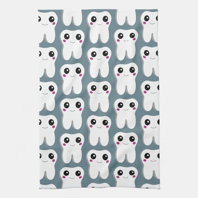 Happy Smiling Dental Tooth Cute Pattern Tea Towel (Vertical)
