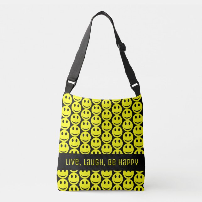 Happy Smiling Faces Yellow Black Be Happy Crossbody Bag (Front)