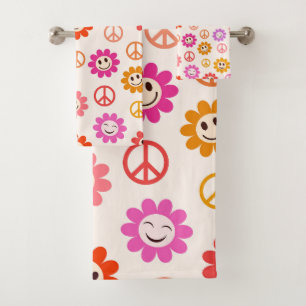 Happy Smiling Flowers pattern with peace signs  Bath Towel Set