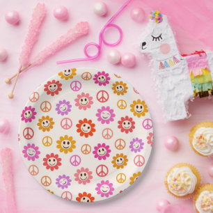 Happy Smiling Flowers pattern with peace signs Paper Plate