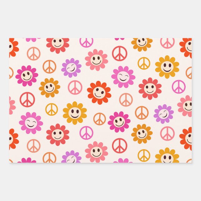 Happy Smiling Flowers pattern with peace signs  Wrapping Paper Sheet (Front)