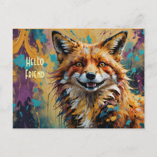 Happy Smiling Fox - Hello Friend paint splatter Postcard