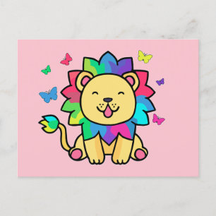 Happy smiling lion with butterflies.  postcard