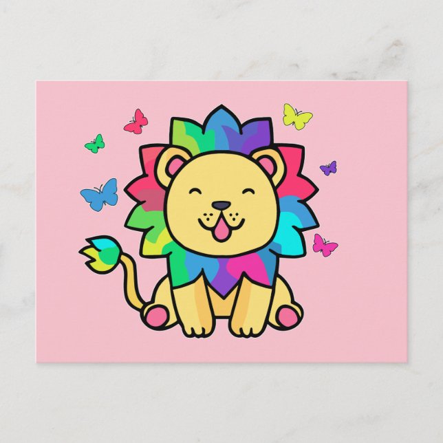 Happy smiling lion with butterflies.  postcard (Front)