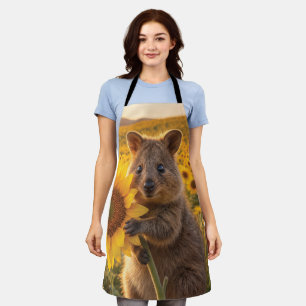 Happy Smiling Quokka Holding a Sunflower Apron