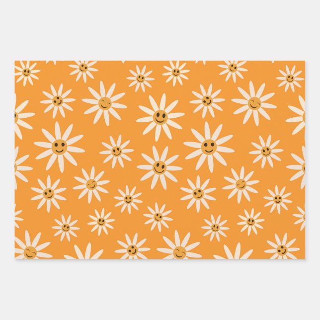 Happy smiling retro white flowers pattern wrapping paper sheet (Front)