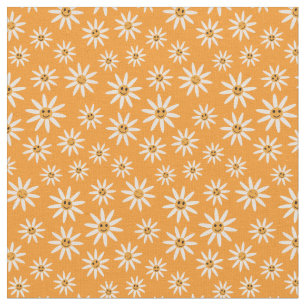 Happy smiling white flowers pattern on orange fabric