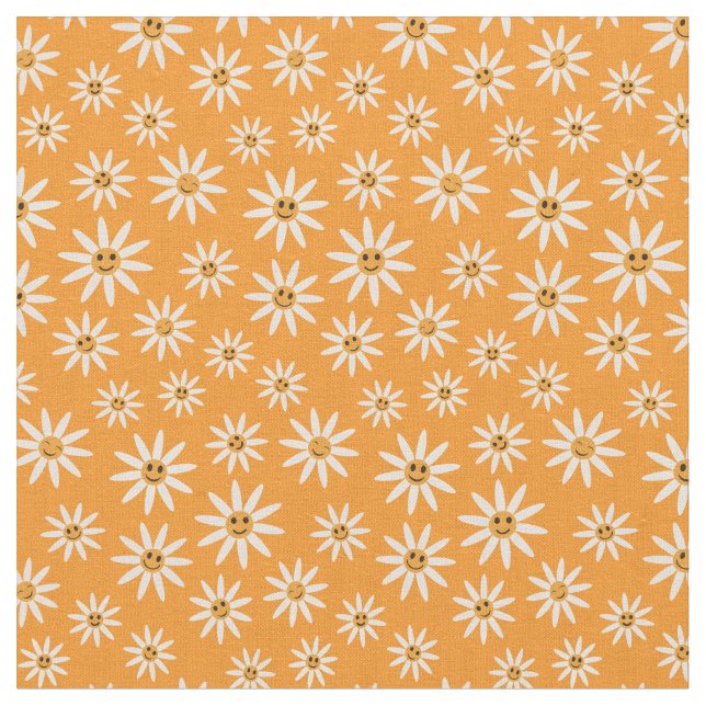 Happy smiling white flowers pattern on orange fabric (Close Up)