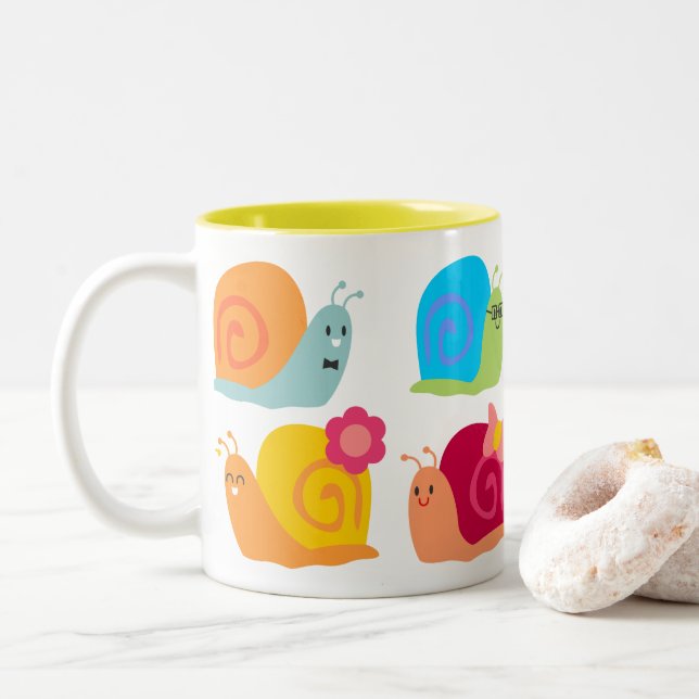 Happy snails cute snails Two-Tone coffee mug (With Donut)