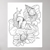 Happy Snails on Lettuce Leafs Art Colouring  Page