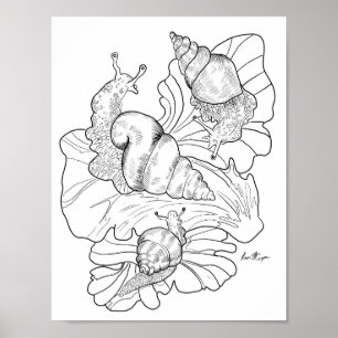 Happy Snails on Lettuce Leafs Art Colouring  Page Poster