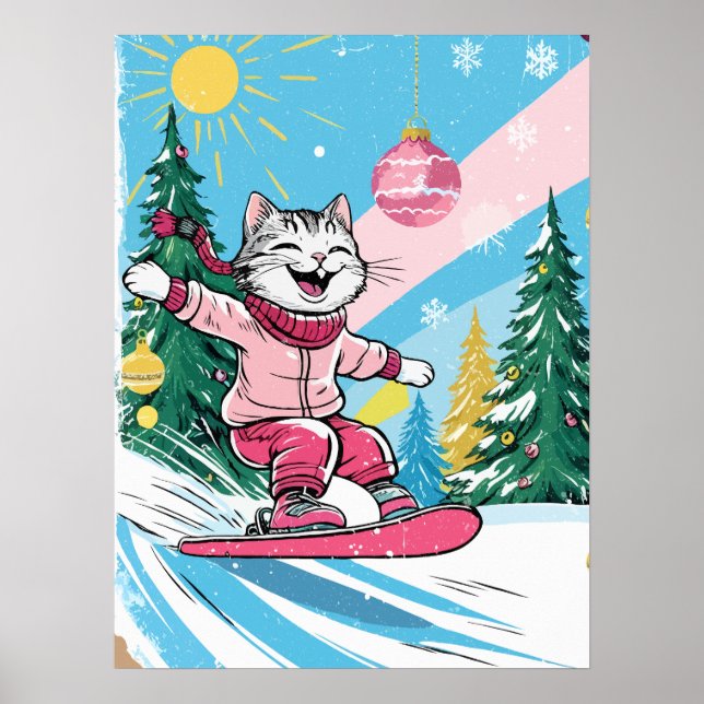 Happy Snowboarding Cat Poster (Front)