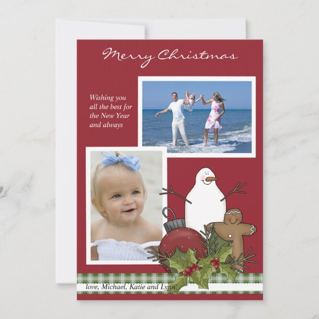 Happy Snowman 2 Photo Christmas Card (Front)