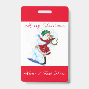 Happy Snowman and Girl Dance Tango Christmas Fun ID Badge