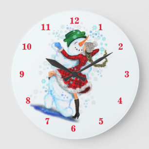 Happy Snowman and Girl Dance Tango Christmas Large Clock