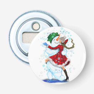 Happy Snowman and Girl Dance Tango Christmas Party Bottle Opener