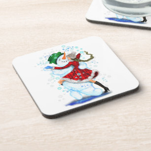 Happy Snowman and Girl Dance Tango Christmas Party Coaster