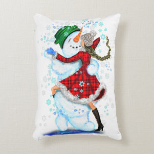 Happy Snowman and Girl Dance Tango Christmas Party Decorative Cushion