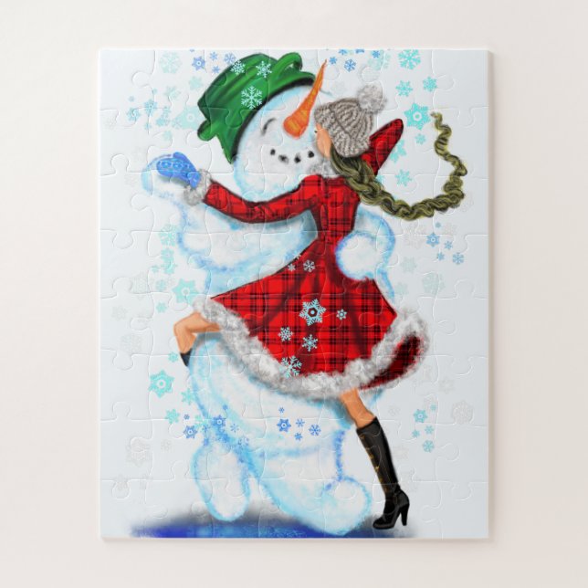 Happy Snowman and Girl Dance Tango Christmas Party Jigsaw Puzzle (Vertical)