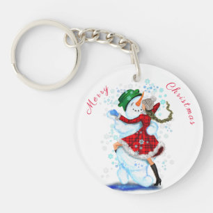 Happy Snowman and Girl Dance Tango Christmas Party Key Ring