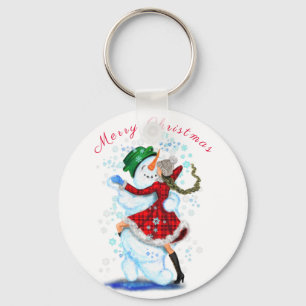 Happy Snowman and Girl Dance Tango Christmas Party Key Ring