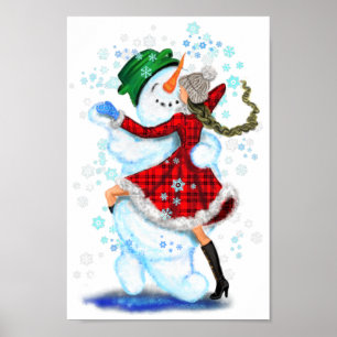 Happy Snowman and Girl Dance Tango Christmas Party Poster